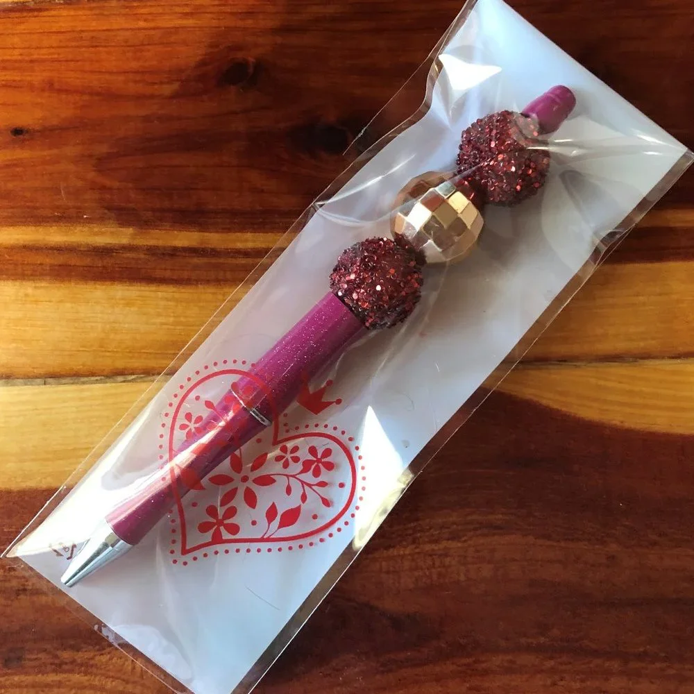 Handmade Glittery Berry and‎ Gold Beaded Ballpoint Pen